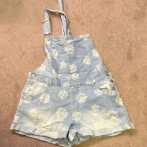 No Boundaries Light Blue Daisy Print Denim Short Overalls